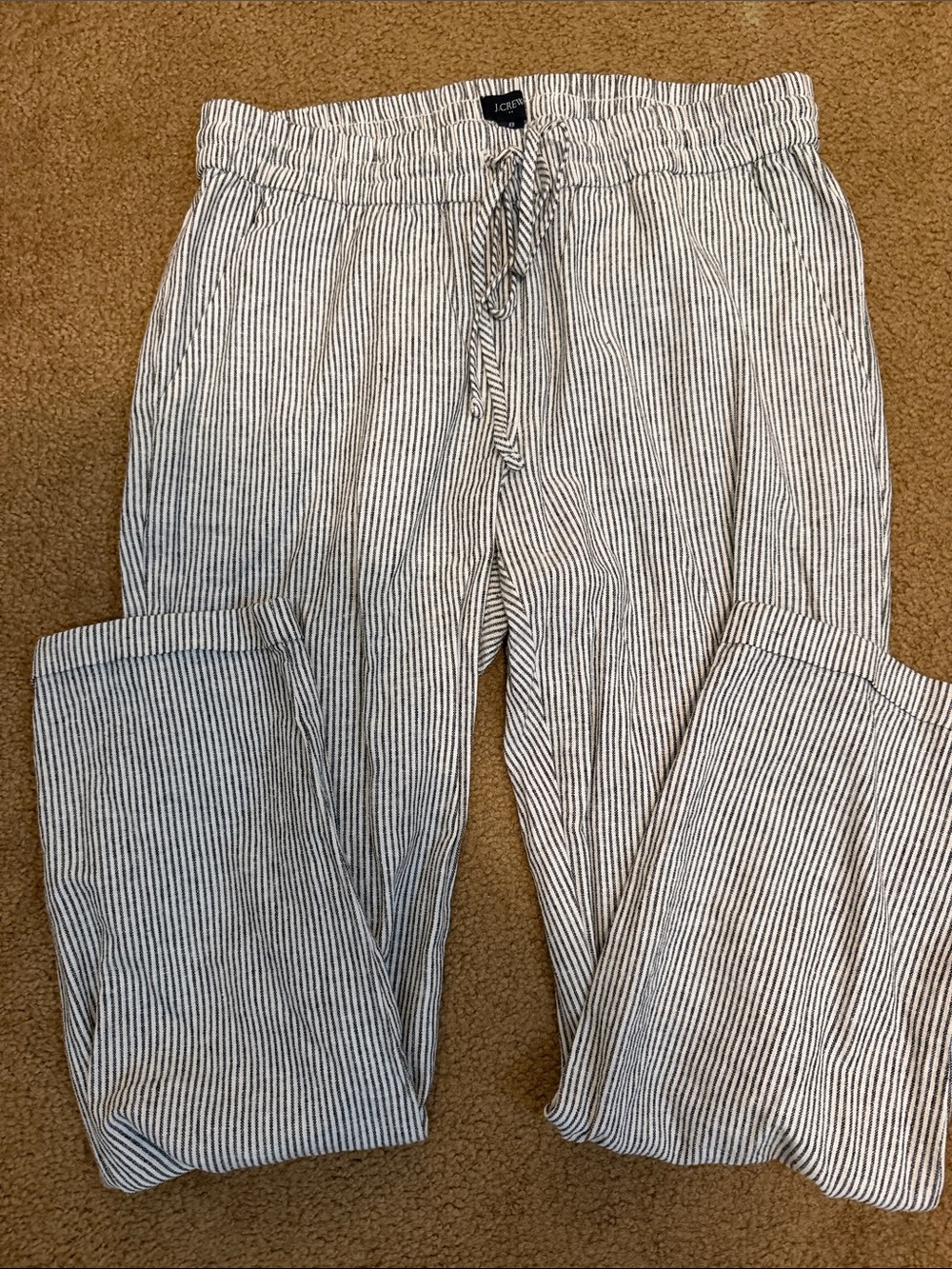 J. Crew Women’s Navy and White Striped Drawstring Linen pants.